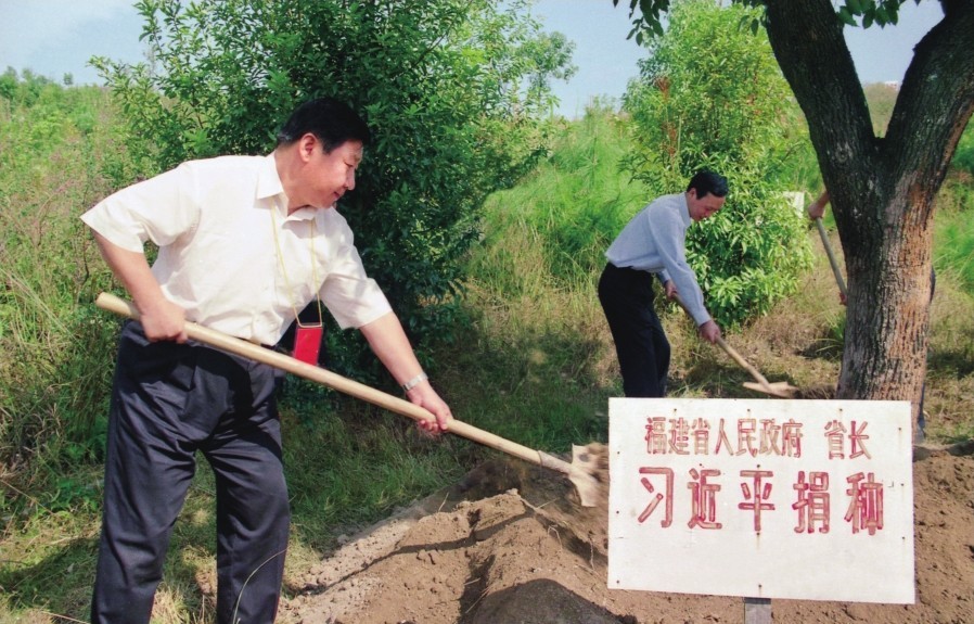 2001年10月，習(xí)近平在龍巖市長汀縣調(diào)研水土流失治理工作，在河田世紀(jì)生態(tài)園為樹培土。圖源：《習(xí)近平在福建（下）》